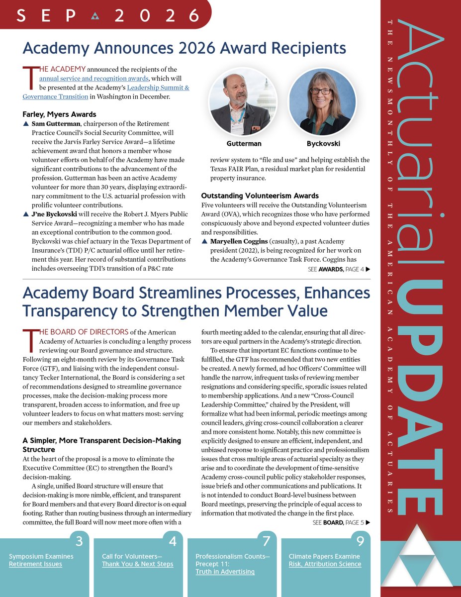 MikeMalloy9's tweet photo. September #Actuarial Update – #AcademyAwards recipients; the Academy’s retirement symposium and Life &amp; Health Qualifications Seminar; and the September/October Contingencies looks at what’s ahead for #actuaries &amp; the profession. 
#actuary @Actuary_Dot_Org
https://t.co/m1OEMwv3Wq https://t.co/WXm6u6RPLd