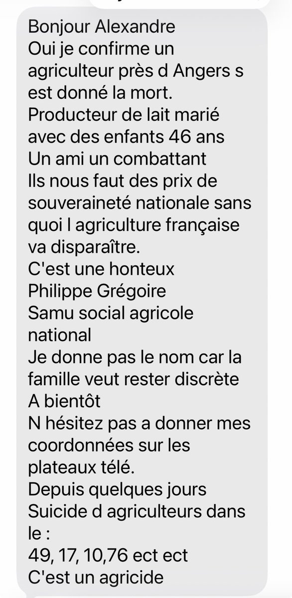 AlexandreJardin's tweet photo. TOUT LE MONDE DOIT LIRE ET PARTAGER : je reçois ces messages terribles d’amis agriculteurs. 
Après le choc, on entre dans L’ÉPIDÉMIE DE SUICIDES des agriculteurs - souvent pères de famille : angevin, de Seine-Maritime, de Nouvelle-Aquitaine.
C’est tous les jours : dans le 17, 49 et 76 par exemple.
Tous les jours.
PARTAGEZ : le pays doit savoir ce que coûte la politique actuelle indécente.
Sans jamais donner de nom pour protéger les familles blessées.
Des solutions existent pour arrêter le carnage en cours SANS IMPACT SUR LE BUDGET DE L’ETAT EXSANGUE . 
La volonté au service de la vie doit revenir.