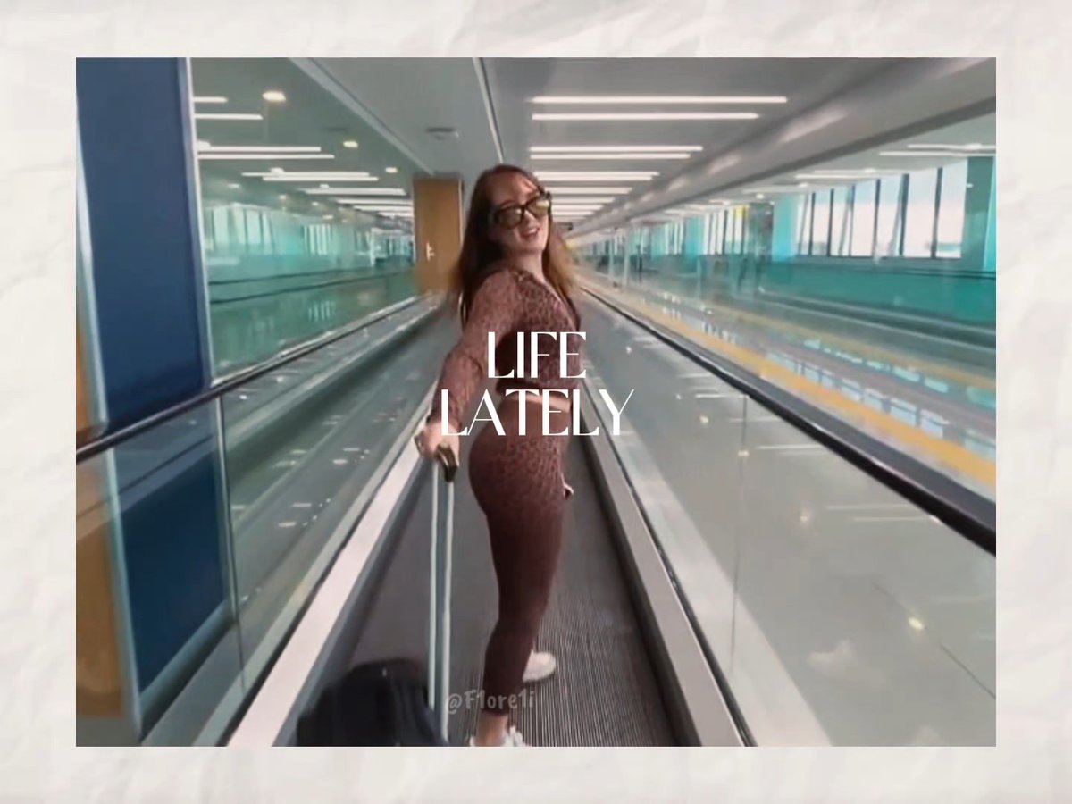 A woman in a leopard-print outfit pulling a suitcase through a modern airport corridor, with the text 'LIFE LATELY' and watermark '@Floreli' displayed.
