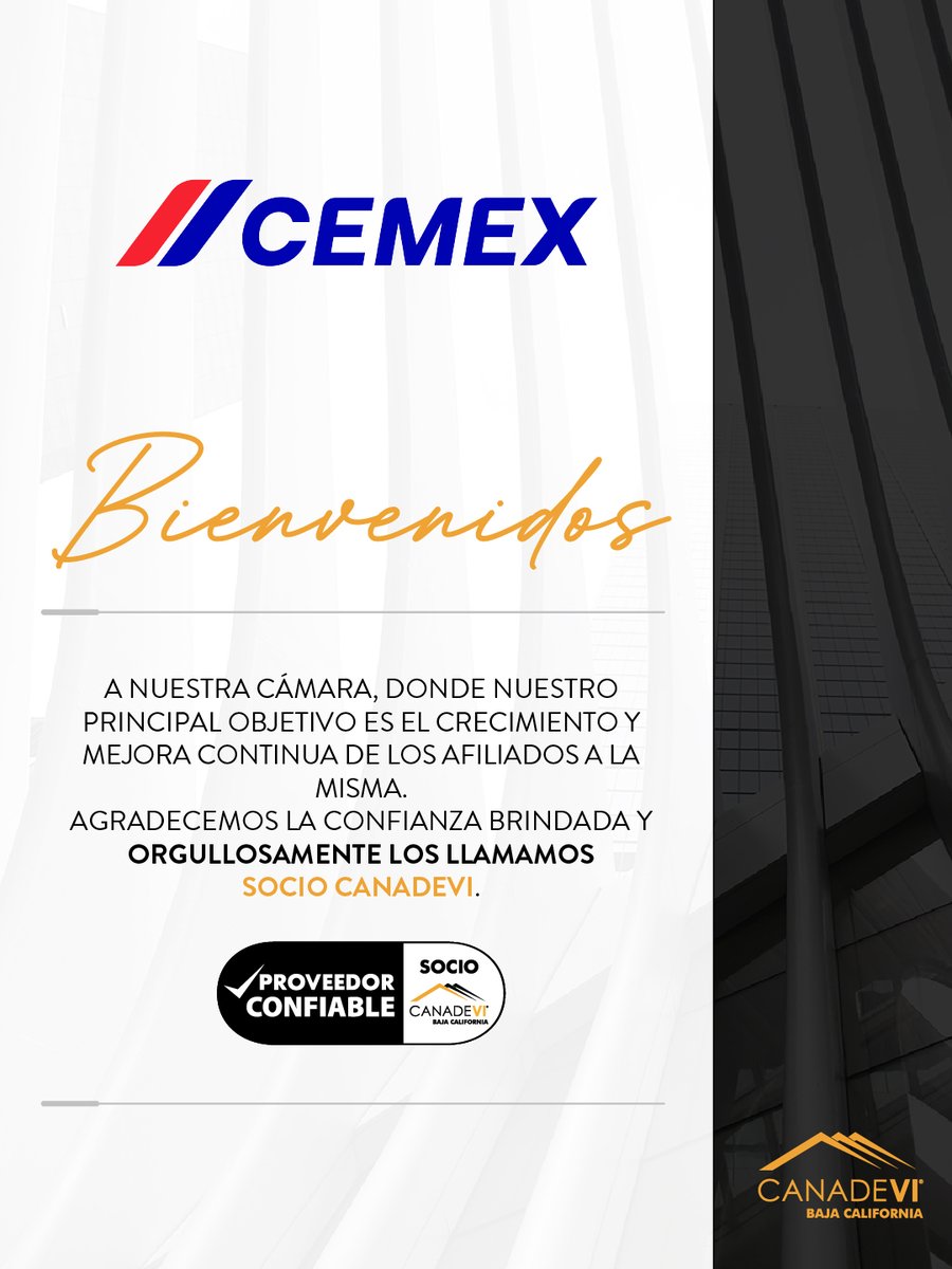 CanadeviBCN's tweet photo. 🏗️ ¡𝗕𝗶𝗲𝗻𝘃𝗲𝗻𝗶𝗱𝗼𝘀, @CEMEXMx , a 𝗖𝗔𝗡𝗔𝗗𝗘𝗩𝗜 𝗕𝗖! 🤝

Nos da mucho gusto contar con ustedes como nuevos Socios CANADEVI.

CONECTAMOS | COLABORAMOS | CRECEMOS https://t.co/zUvw4SW3aD