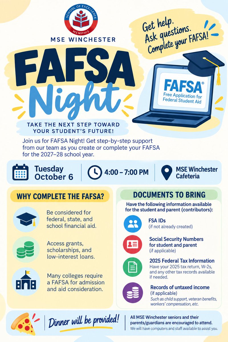 MSEWinchester's tweet photo. Dear Senior Parents and Guardians,
Join us for FAFSA Night at MSE Winchester on Tuesday, October 6! We’ll help you and your senior complete the FAFSA. Dinner will be provided! Please bring the documents listed on the flyer! https://t.co/hyaq3SQUsd