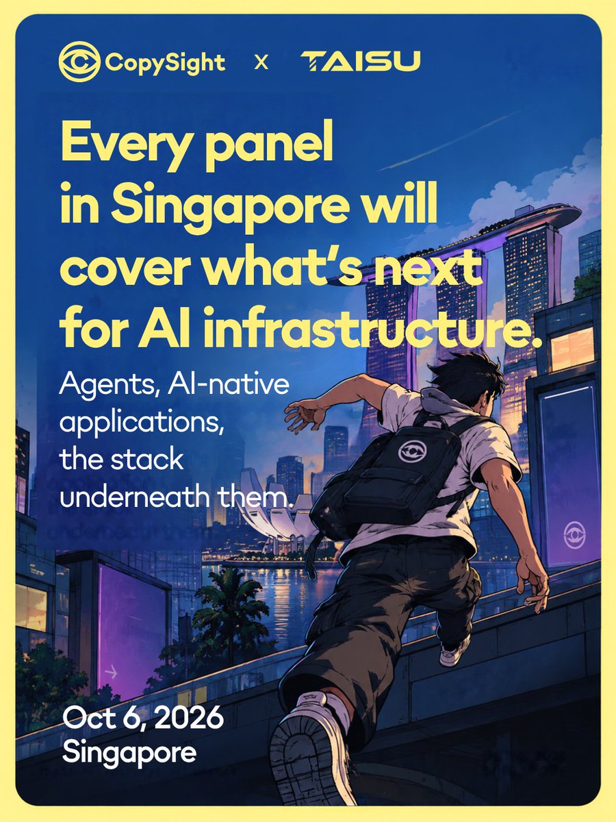 CopySightAI's tweet photo. Reuniting with our friends at @Taisu_Ventures   in Singapore soon. They led our seed round. This time we're on their stage instead.

Oct 6, AI Founders & Investors Forum. Panel's about what defines the next gen of AI. Agents, infra, AI x blockchain.

The part we're bringing: what happens when someone has to prove what a system actually produced. Already live in deals right now, most teams just haven't built for it.

Building at this layer? Be in the room. Oct 6, 11:30 AM – 3:00 PM, 21 Collyer Quay. Check the link https://t.co/Q7hKZxpFxi
