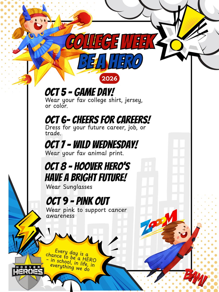 HooverCFISD's tweet photo. Itβs never too early to dream big! Join us for College Week, October 5-9, as we encourage our students to think about their passions, explore higher education, and prepare for bright tomorrows. Show your school spirit all week long! #BeAHooverHero #pathtoamazing https://t.co/435akxOLhN