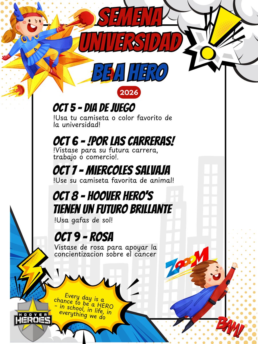 HooverCFISD's tweet photo. Itβs never too early to dream big! Join us for College Week, October 5-9, as we encourage our students to think about their passions, explore higher education, and prepare for bright tomorrows. Show your school spirit all week long! #BeAHooverHero #pathtoamazing https://t.co/435akxOLhN