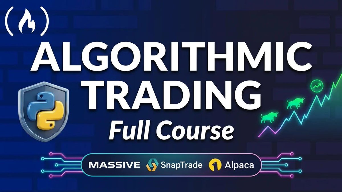 freeCodeCamp's tweet photo. Algorithmic trading combines market data, strategy logic, and brokerage APIs into one system.

In this course, you'll learn how to build a momentum trading app with Python and Django.

You'll use Massive, SnapTrade, and Alpaca Paper to generate signals and execute paper trades along the way.

https://t.co/aiMSUmZ9Nz