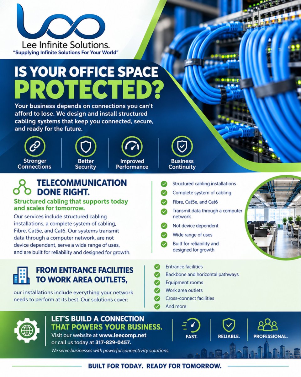 leecomp's tweet photo. 🔌 Is your office space protected? Reliable structured cabling means stronger connections, better security, and a network built for growth. Let Lee Infinite Solutions help power your business with professional connectivity solutions.

#StructuredCabling #BusinessConnectivity https://t.co/nzTJRbCZgy