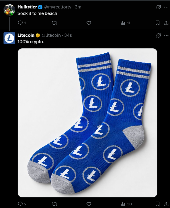 Jaglo__'s tweet photo. Hello litecoin are spamming this image of socks everytime someone comments 'sock it to me beach' https://t.co/YKsYxjsjyG