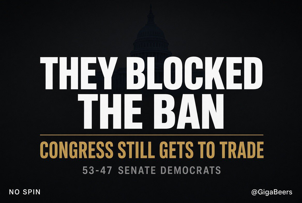 GigaBeers's tweet photo. 🚨JUST IN: House passed a ban on members buying stocks.

Senate Democrats killed it 53-47.
They kept the perk.

Congress still gets to trade. We don’t.

Insider rules for thee, not for them. https://t.co/SiDlc2WHc6