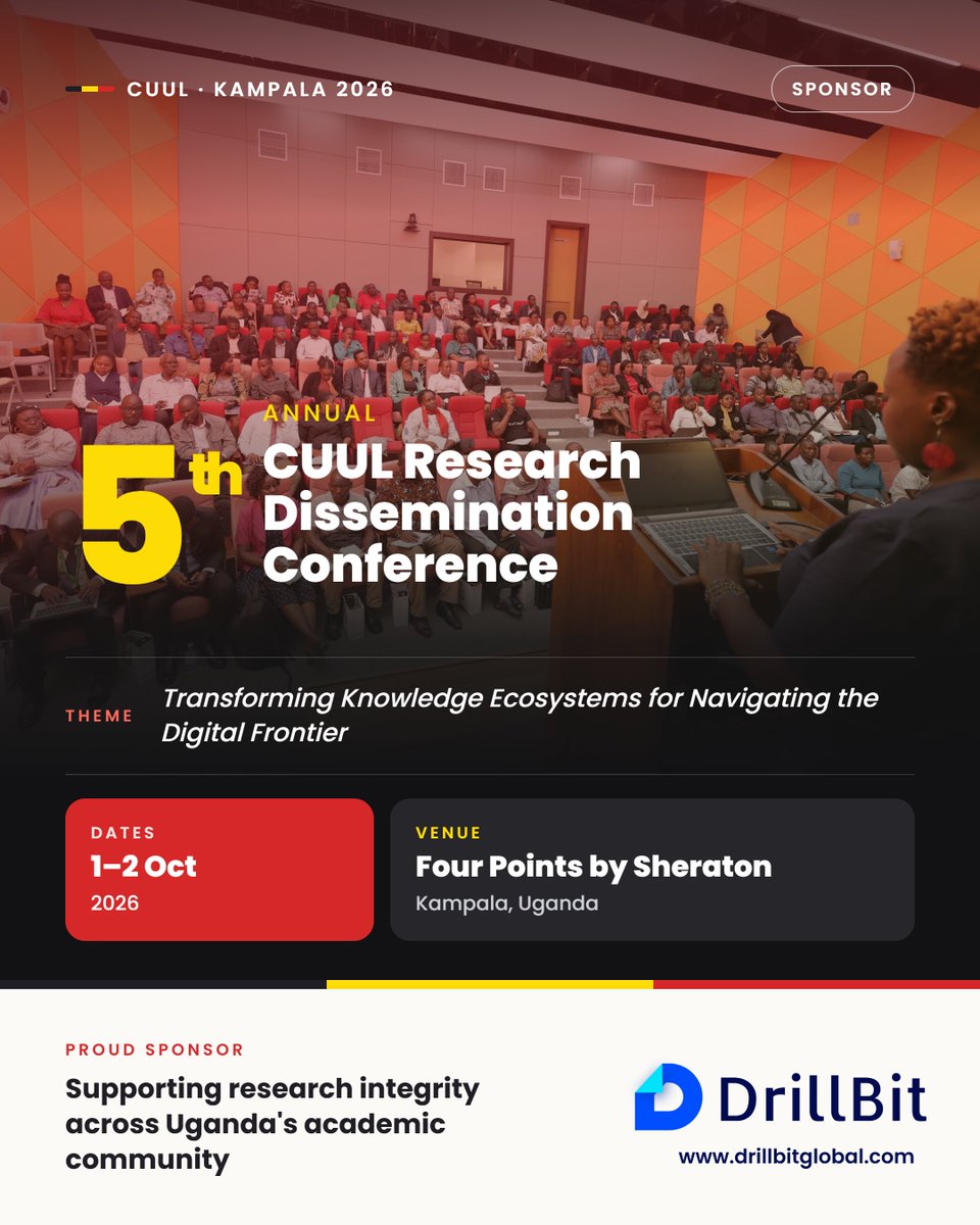 Drillbitglobal's tweet photo. DrillBit is proud to sponsor the 5th CUUL Research Dissemination Conference 2026! 🎓

📅 1-2 Oct | 📍 Four Points by Sheraton, Kampala 🔗 https://t.co/daz4NpZipf https://t.co/Cnr9z7e299