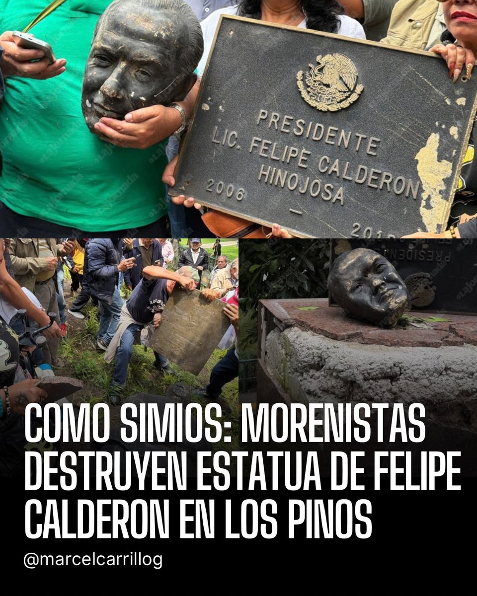 marcelcarrillog's tweet photo. Vean nomás a estos orangutanes: porros morenistas vandalizaron la estatua de Felipe Calderón después de estar protestando frente a un hotel donde se presentó. Los mononeurales, no conformes, se movilizaron a Los Pinos para destruir la estatua del expresidente, que yace en el piso desde hace años desde que le cayó un árbol encima y la narcosecta decidió jamás arreglarla porque siguen ardidos de que le ganó la Presidencia en 2006 al viejo narco de Obrador.

Mis prejuicios siguen intactos. Ah, pero no fuera la oposición, porque ya estarían detenidos después de una golpiza.