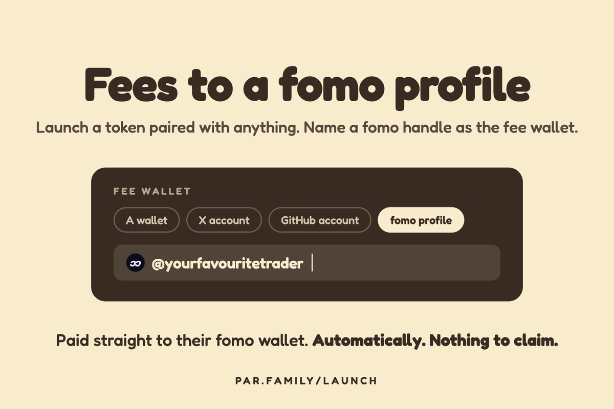 pardotfamily's tweet photo. Launch a token on par paired with anything and send the fees straight to a fomo profile.

Type a fomo handle in the launch form. Trading fees go to that profile's fomo wallet automatically: no claiming, no login. 

Live on Robinhood, BNB and Base. 

https://t.co/NTSiGdHztb https://t.co/R8Qof22KF2