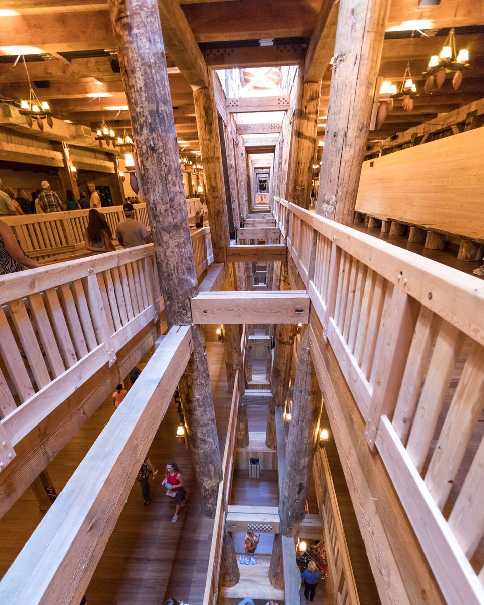ArkEncounter's tweet photo. The largest free-standing timber-frame structure in the world, the Ark consists of 3.1 million board feet of lumber. Laid end to end, this lumber would stretch from Williamstown, Kentucky to Philadelphia, Pennsylvania.

Hundreds of huge beams and logs support the structure. Some of the center “lodge poles,” as seen here, are more than three feet in diameter and nearly 50 feet long!

The wooden “ribs” of the Ark seen in the picture below comprise the bottom of the “bents” that frame the Ark. Each half-bent weighs over 25,000 pounds and utilizes 1,200 pounds of bolts.