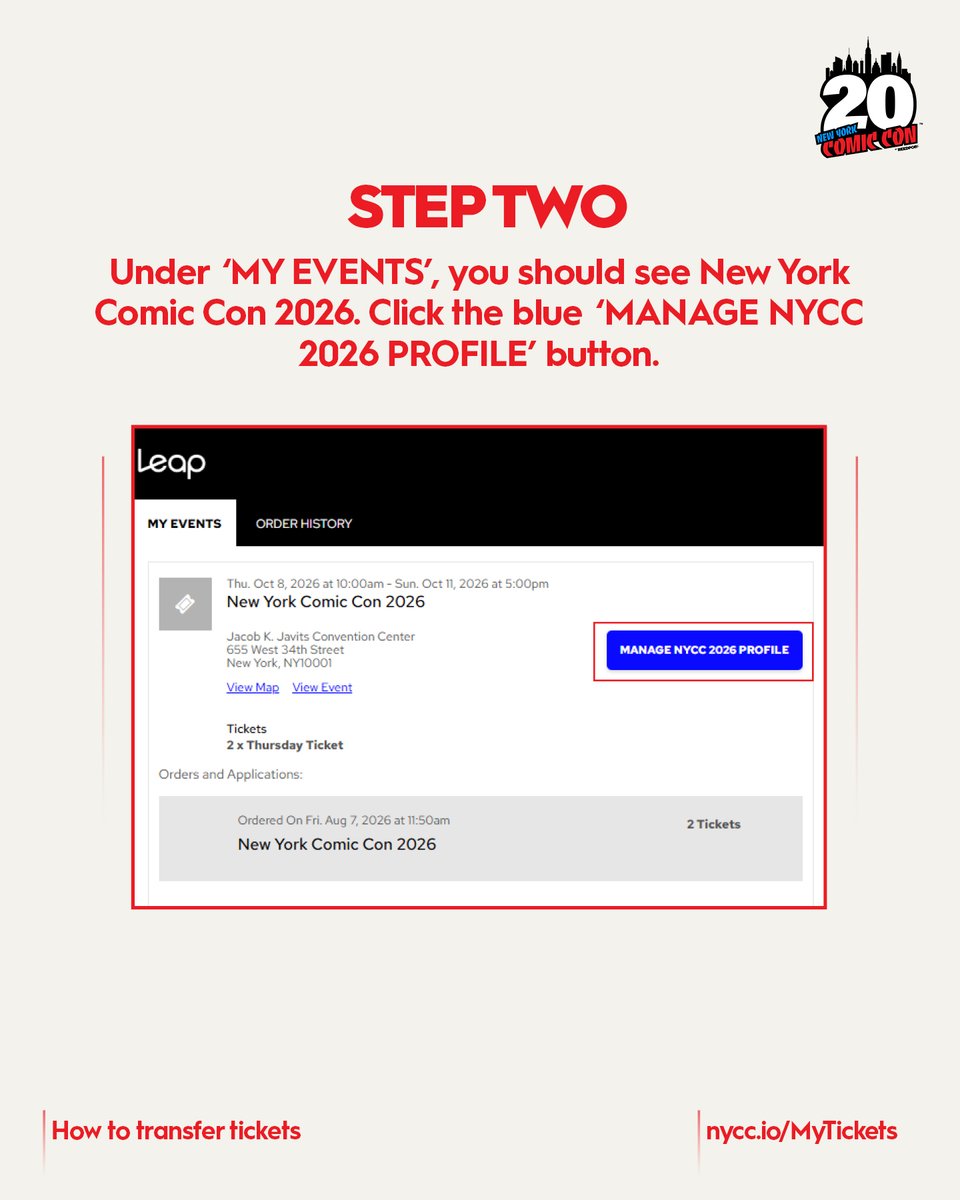NY_Comic_Con's tweet photo. Ticket Transfers are back on 💥 Need to transfer your NYCC ticket to a friend? Here’s how to transfer and accept tickets, made easy. Follow these steps to transfer and accept tickets, and you’ll be ready for NYCC in no time. 

Don’t forget 💡 You must have your ticket assigned to you so that you can make reservations. Tickets with connected reservations will lose the reservations if transferred. 

Manage your tickets at https://t.co/3tb5ZoV0eF 

Still want to join us? Thursday and Sunday tickets are still available: https://t.co/bGfHEghTqs 

(1/3)