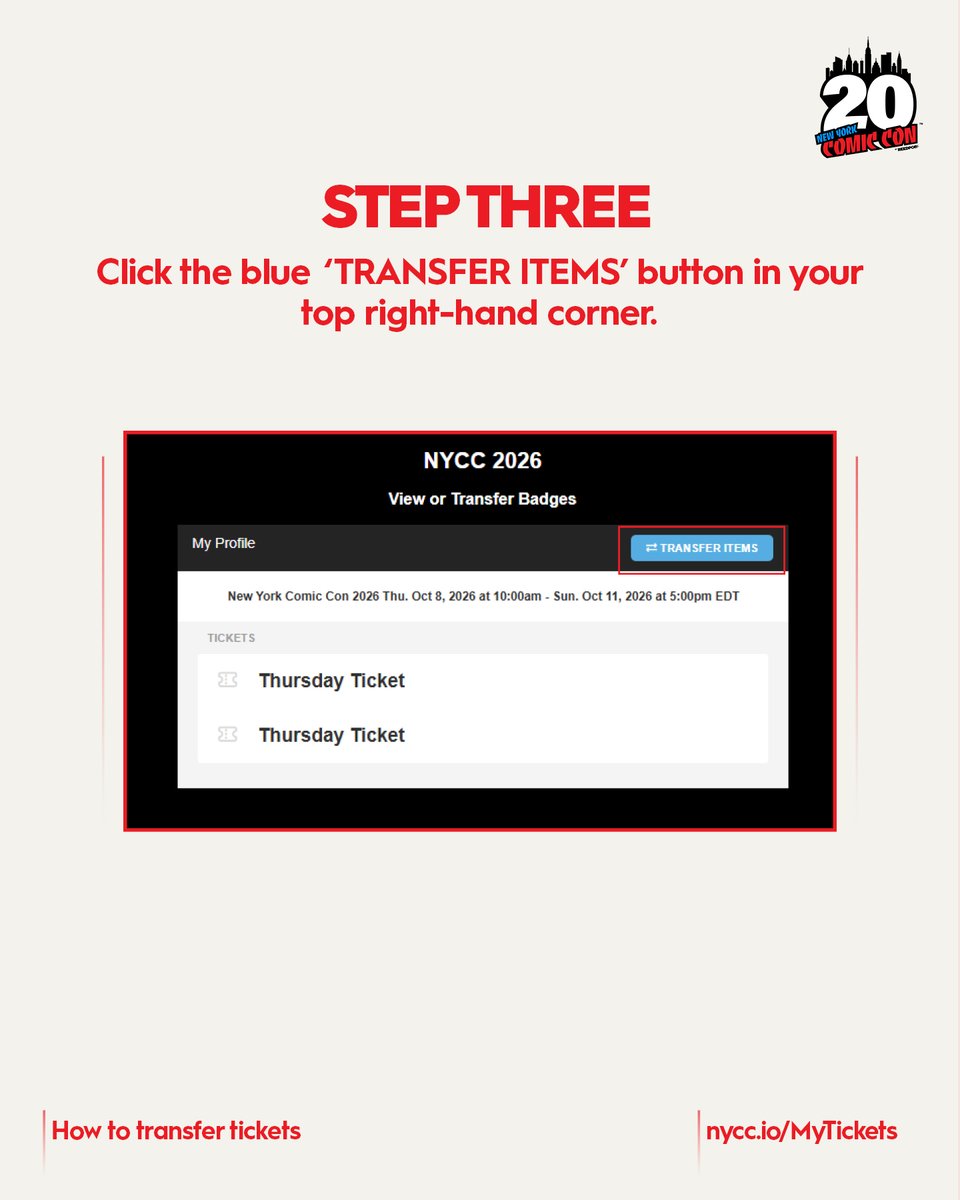 NY_Comic_Con's tweet photo. Ticket Transfers are back on 💥 Need to transfer your NYCC ticket to a friend? Here’s how to transfer and accept tickets, made easy. Follow these steps to transfer and accept tickets, and you’ll be ready for NYCC in no time. 

Don’t forget 💡 You must have your ticket assigned to you so that you can make reservations. Tickets with connected reservations will lose the reservations if transferred. 

Manage your tickets at https://t.co/3tb5ZoV0eF 

Still want to join us? Thursday and Sunday tickets are still available: https://t.co/bGfHEghTqs 

(1/3)