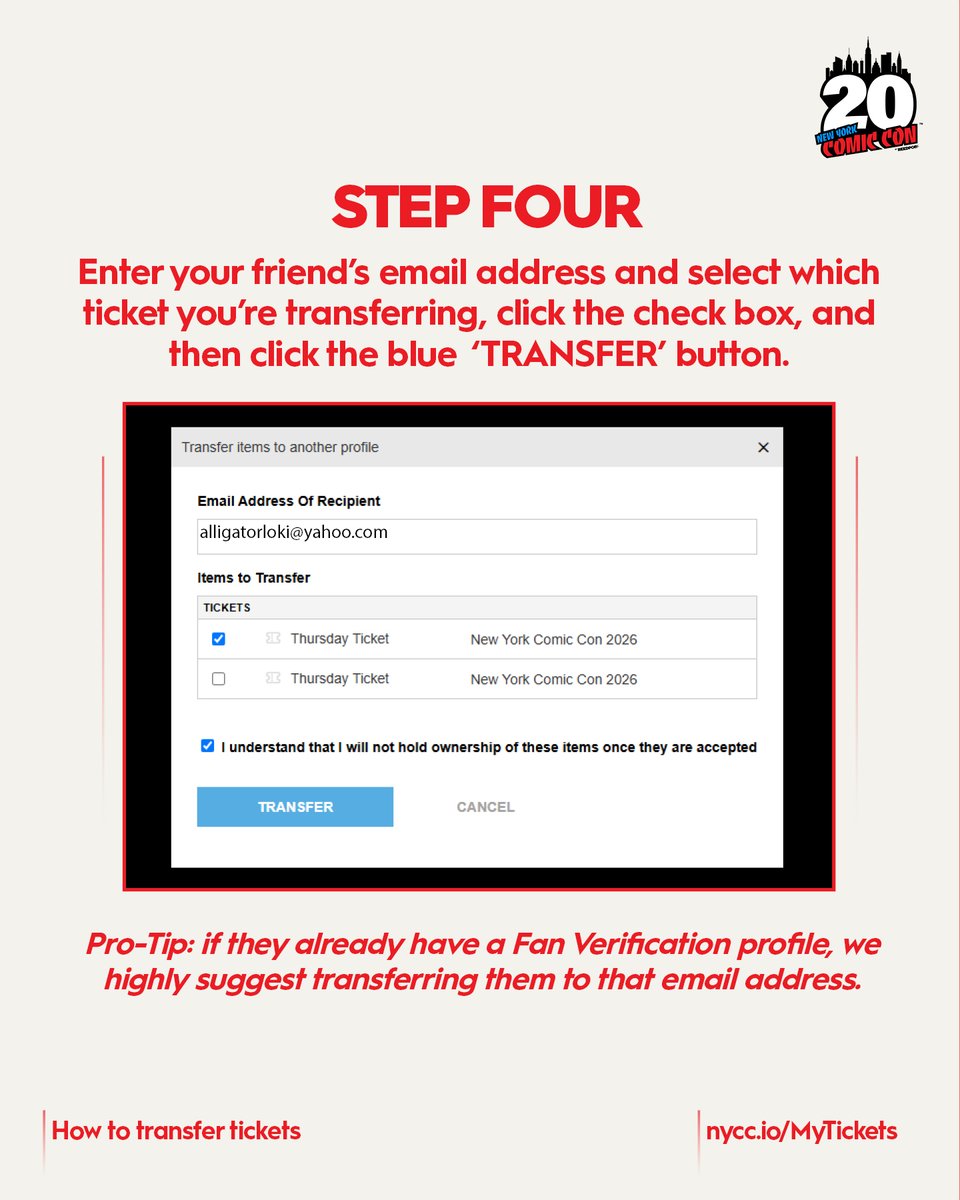 NY_Comic_Con's tweet photo. Ticket Transfers are back on 💥 Need to transfer your NYCC ticket to a friend? Here’s how to transfer and accept tickets, made easy. Follow these steps to transfer and accept tickets, and you’ll be ready for NYCC in no time. 

Don’t forget 💡 You must have your ticket assigned to you so that you can make reservations. Tickets with connected reservations will lose the reservations if transferred. 

Manage your tickets at https://t.co/3tb5ZoV0eF 

Still want to join us? Thursday and Sunday tickets are still available: https://t.co/bGfHEghTqs 

(2/3)