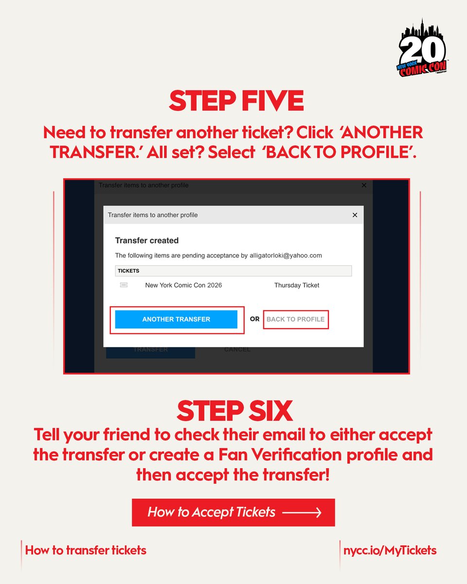 NY_Comic_Con's tweet photo. Ticket Transfers are back on 💥 Need to transfer your NYCC ticket to a friend? Here’s how to transfer and accept tickets, made easy. Follow these steps to transfer and accept tickets, and you’ll be ready for NYCC in no time. 

Don’t forget 💡 You must have your ticket assigned to you so that you can make reservations. Tickets with connected reservations will lose the reservations if transferred. 

Manage your tickets at https://t.co/3tb5ZoV0eF 

Still want to join us? Thursday and Sunday tickets are still available: https://t.co/bGfHEghTqs 

(2/3)