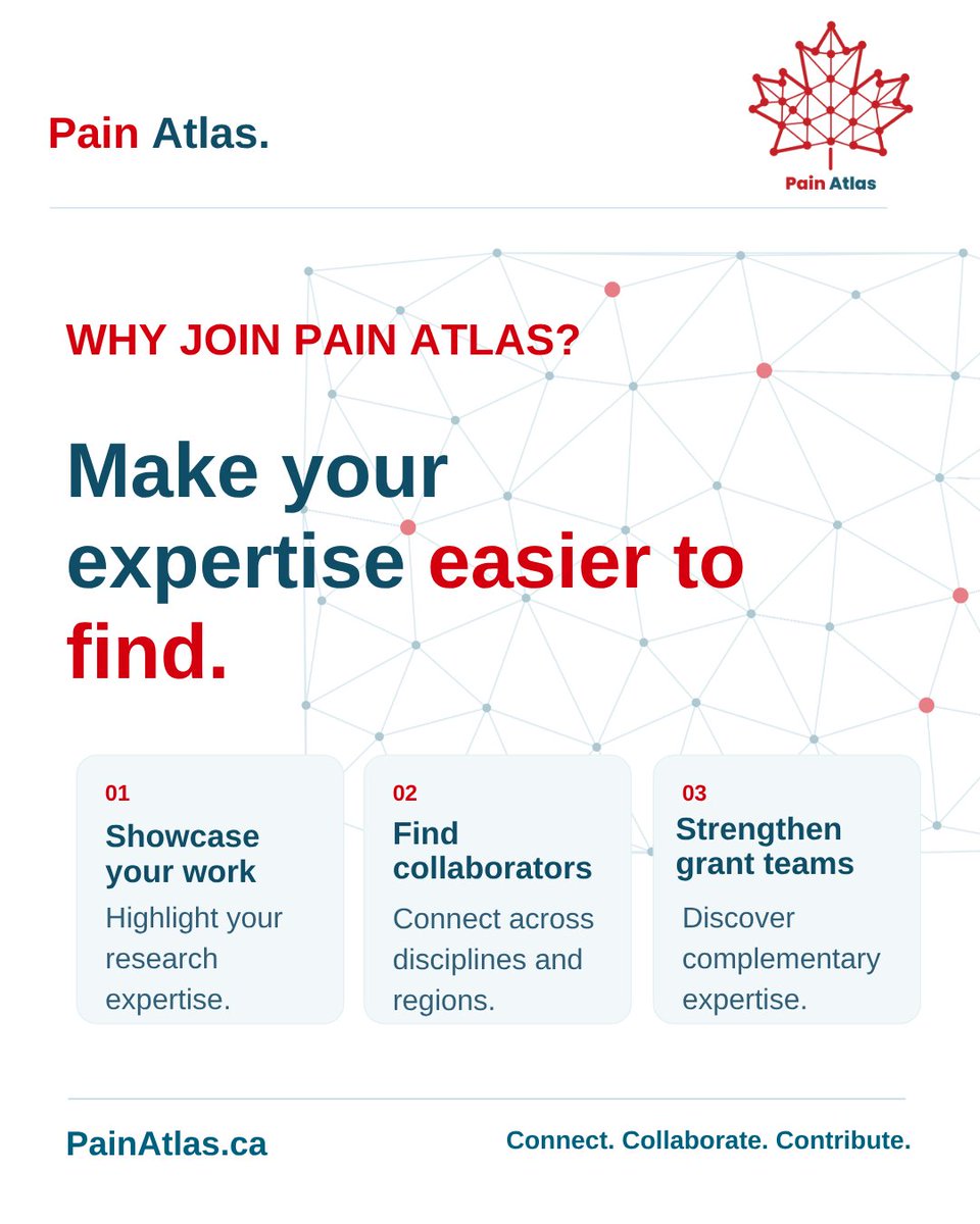 cpn_rdc's tweet photo. Pain Atlas is live! Across Canada, researchers are advancing our understanding of pain across disciplines, populations and settings. Pain Atlas makes that expertise easier to discover and connect.
https://t.co/JgtzlaFZ2P
#ChronicPain #PainResearch #PainAtlas https://t.co/fTGVAdbXhN