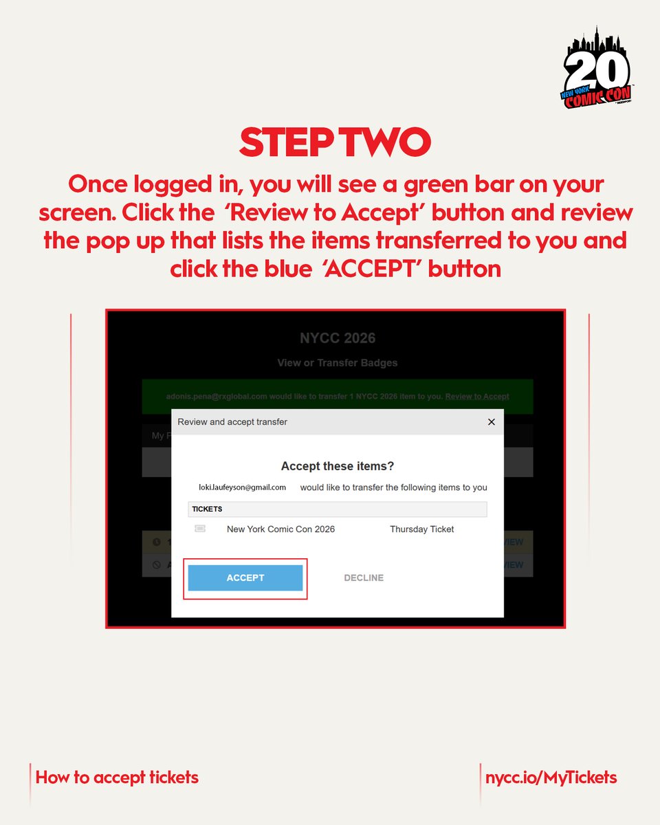 NY_Comic_Con's tweet photo. Ticket Transfers are back on 💥 Need to transfer your NYCC ticket to a friend? Here’s how to transfer and accept tickets, made easy. Follow these steps to transfer and accept tickets, and you’ll be ready for NYCC in no time. 

Don’t forget 💡 You must have your ticket assigned to you so that you can make reservations. Tickets with connected reservations will lose the reservations if transferred. 

Manage your tickets at https://t.co/3tb5ZoV0eF 

Still want to join us? Thursday and Sunday tickets are still available: https://t.co/bGfHEghTqs 

(2/3)