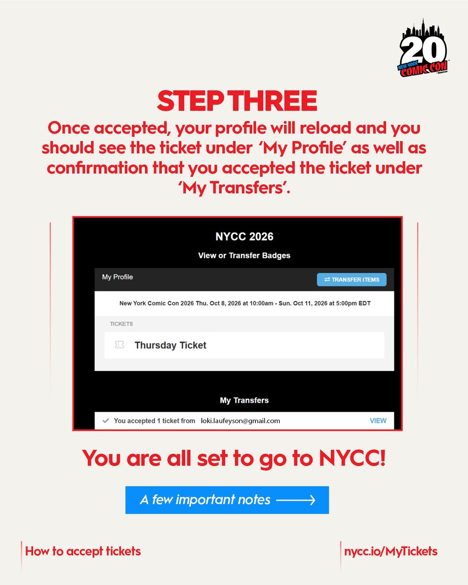 NY_Comic_Con's tweet photo. Ticket Transfers are back on 💥 Need to transfer your NYCC ticket to a friend? Here’s how to transfer and accept tickets, made easy. Follow these steps to transfer and accept tickets, and you’ll be ready for NYCC in no time. 

Don’t forget 💡 You must have your ticket assigned to you so that you can make reservations. Tickets with connected reservations will lose the reservations if transferred. 

Manage your tickets at https://t.co/3tb5ZoV0eF 

Still want to join us? Thursday and Sunday tickets are still available: https://t.co/bGfHEghTqs 

(3/3)