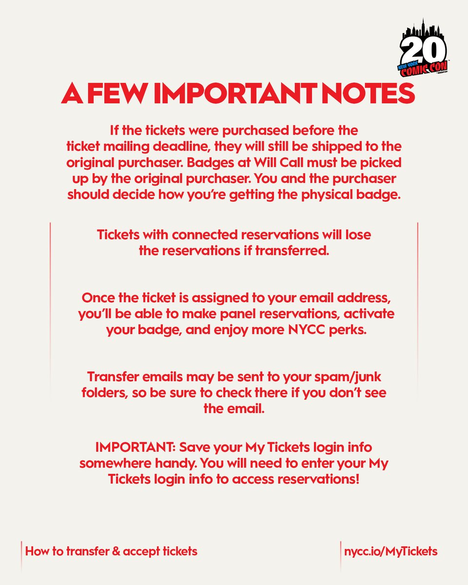 NY_Comic_Con's tweet photo. Ticket Transfers are back on 💥 Need to transfer your NYCC ticket to a friend? Here’s how to transfer and accept tickets, made easy. Follow these steps to transfer and accept tickets, and you’ll be ready for NYCC in no time. 

Don’t forget 💡 You must have your ticket assigned to you so that you can make reservations. Tickets with connected reservations will lose the reservations if transferred. 

Manage your tickets at https://t.co/3tb5ZoV0eF 

Still want to join us? Thursday and Sunday tickets are still available: https://t.co/bGfHEghTqs 

(3/3)
