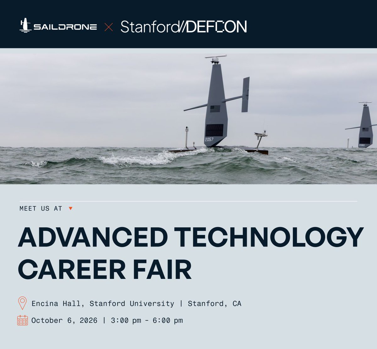saildrone's tweet photo. Saildrone is heading to the Stanford Advanced Tech Career Fair on Oct. 6.

We’re hiring software engineers, program managers, USV pilots, and more to help build the next generation of autonomous maritime systems.

Find us outside Encina Hall starting at 3 p.m. https://t.co/mp1YiESBj9