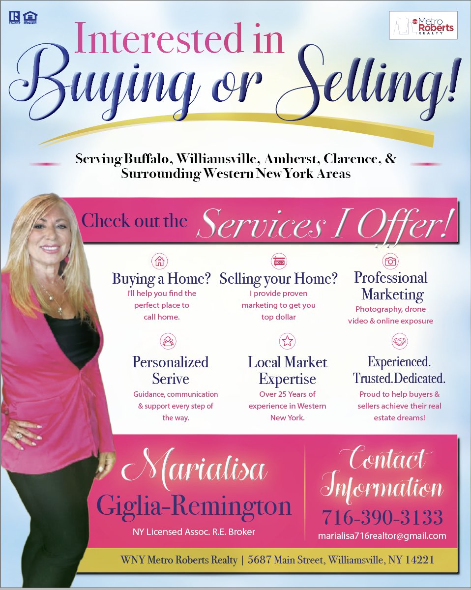2FindYourHome's tweet photo. Thinking about buying or selling in Western New York? Let Marialisa be your trusted guide! Ready to take the next step? Connect with Marialisa today.
Marialisa Giglia-Remington, NY Licensed Assoc. R.E. Broker
716-390-3133 | marialisa716realtor@gmail.com
#2FindYourHome #WNY https://t.co/L2Y4sUWbZH