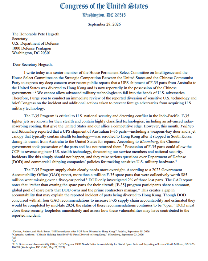 CongressmanRaja's tweet photo. F-35 parts reportedly ended up in the hands of the Chinese government. That should never happen.
Earlier this week, I demanded answers from Secretary Hegseth on how this happened, what the national security consequences are, and what the Pentagon is doing to make sure it never happens again. https://t.co/kn4r2Z1pHF