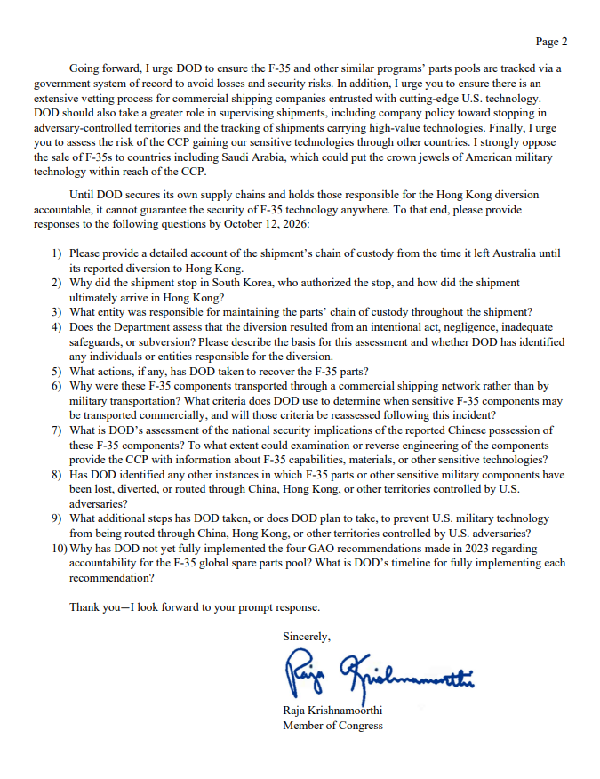 CongressmanRaja's tweet photo. F-35 parts reportedly ended up in the hands of the Chinese government. That should never happen.
Earlier this week, I demanded answers from Secretary Hegseth on how this happened, what the national security consequences are, and what the Pentagon is doing to make sure it never happens again. https://t.co/kn4r2Z1pHF