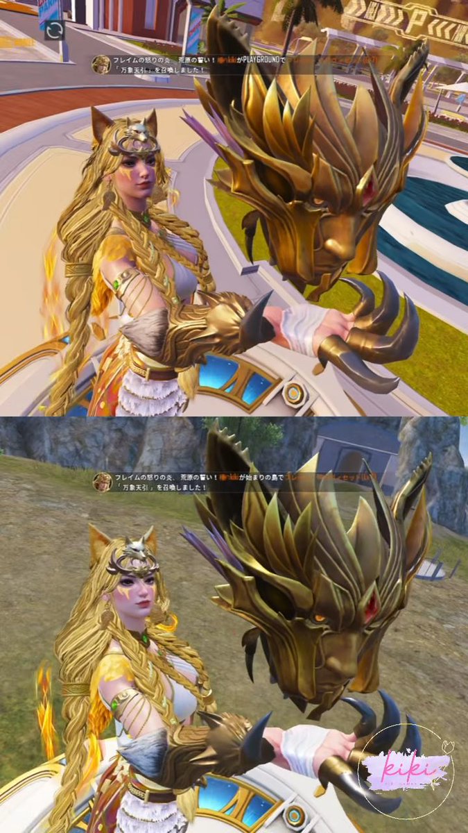 Two screenshots from a video game show a fox-eared character with blonde braids holding an ornate golden mask and weapon, with Japanese dialogue text visible.