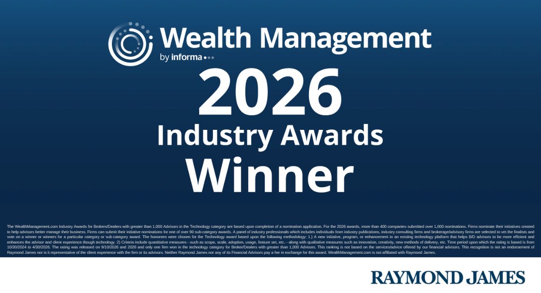 RaymondJames's tweet photo. The Raymond James Advisor AI Platform just earned a 2026 Wealth Management Industry Awards win in the Technology category for Large Broker/Dealers. 

This recognition speaks to what happens when a team builds with purpose: tools designed around the real needs of advisors and the clients they serve. To everyone who designed, tested, and championed it, congratulations and thank you. Your work is helping advisors do what they do best. 

#AdvisorTechnology #Innovation
 
2026 https://t.co/HGqaAo4uyb Industry Awards – Technology, is based on the period from 10/30/2024 to 4/30/2026 and was released on 9/10/2026. For the 2026 awards, more than 400 companies submitted over 1,000 nominations. One firm won in the technology category for Broker/Dealers with greater than 1,000 Advisors. Firms can submit their initiative nominations for one of over 90 sub‐category awards. Neither Raymond James nor any of its advisors pay a fee in exchange for this award. More: https://t.co/ycMXb83jpn
