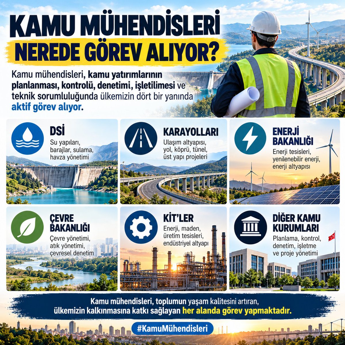 hatkoemre's tweet photo. DSİ’den Karayollarına, Enerji Bakanlığından Çevre Bakanlığına, KİT’lerden diğer kamu kurumlarına kadar mühendisler; kamu yatırımlarının planlanması, kontrolü, denetimi, işletilmesi ve teknik sorumluluğunda aktif görev alıyor.
@_aliyalcin_
@MuhTekSen
@kaMUhendisleri https://t.co/sWn4BBqTDo