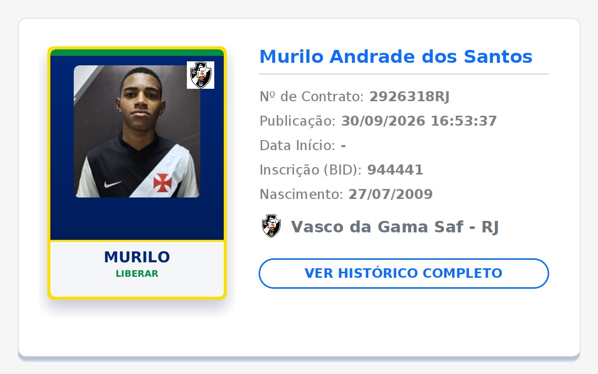 biddovasco's tweet photo. RESCISÃO/FIM DE CONTRATO NO BID! 👋 GIGANTE DA COLINA! 💢⚪⚫

👤 Nome: Murilo
🎂 Nasc.: 27/07/2009
📄 Tipo: Liberar

Publicado em: 2026-09-30 16:53:37

#Vasco #VascodaGama #GiganteDaColina https://t.co/7UccTTkKtT
