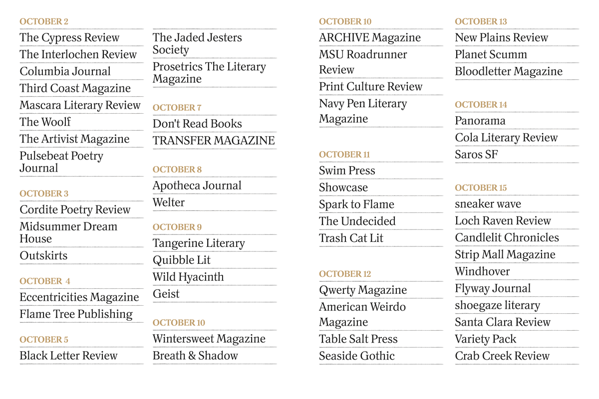 chillsubs's tweet photo. one month. hundreds of opportunities.

bookmark this list of magazines to submit to in October and start writing, planning, and getting sh*t done.

then come back and tell us how it went. https://t.co/WJ0rPZQXgw