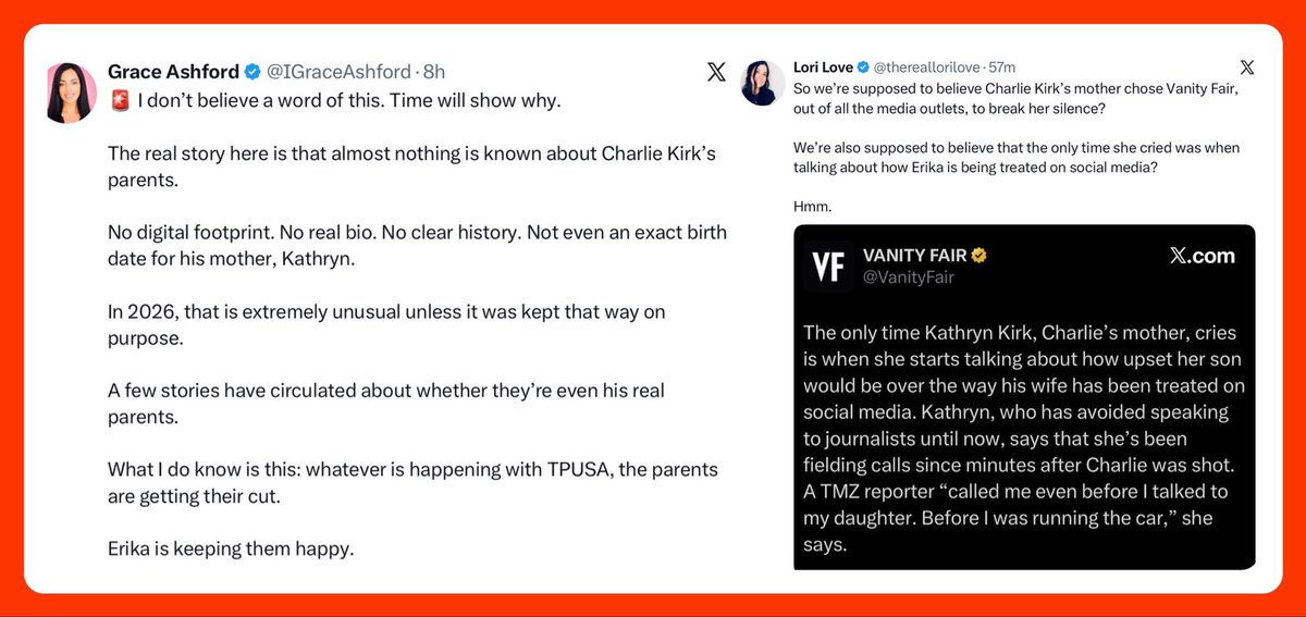 CinemaShogun's tweet photo. The Candace Owens cult has begun their attack on Charlie Kirk’s parents.

PAY ATTENTION 👀 

Candace Owens uses proxies like the ones below to feel things out and to start planting seeds before she ultimately goes on the attack.

If you understand how she operates then you’ll notice that the wheels have already begun turning.

We always knew it would come to this eventually and now here we are.