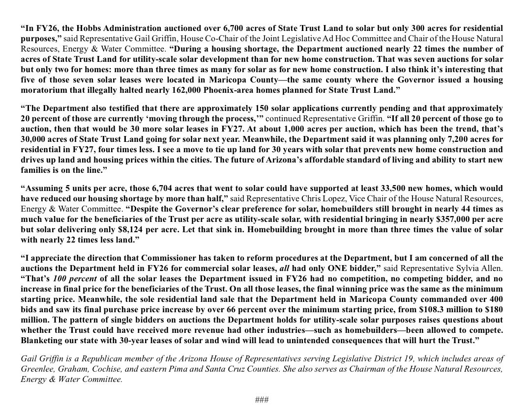 GarretLewis's tweet photo. Arizona is short about 121,000 homes but the @katiehobbs regime auctioned off 22 times more state trust land for Dolan than housing. Hobbs stopped at least 33,500 homes from being built and land for solar sold for cheaper compared to land for homes. Biggs should run with this! https://t.co/QQql29J8Bs
