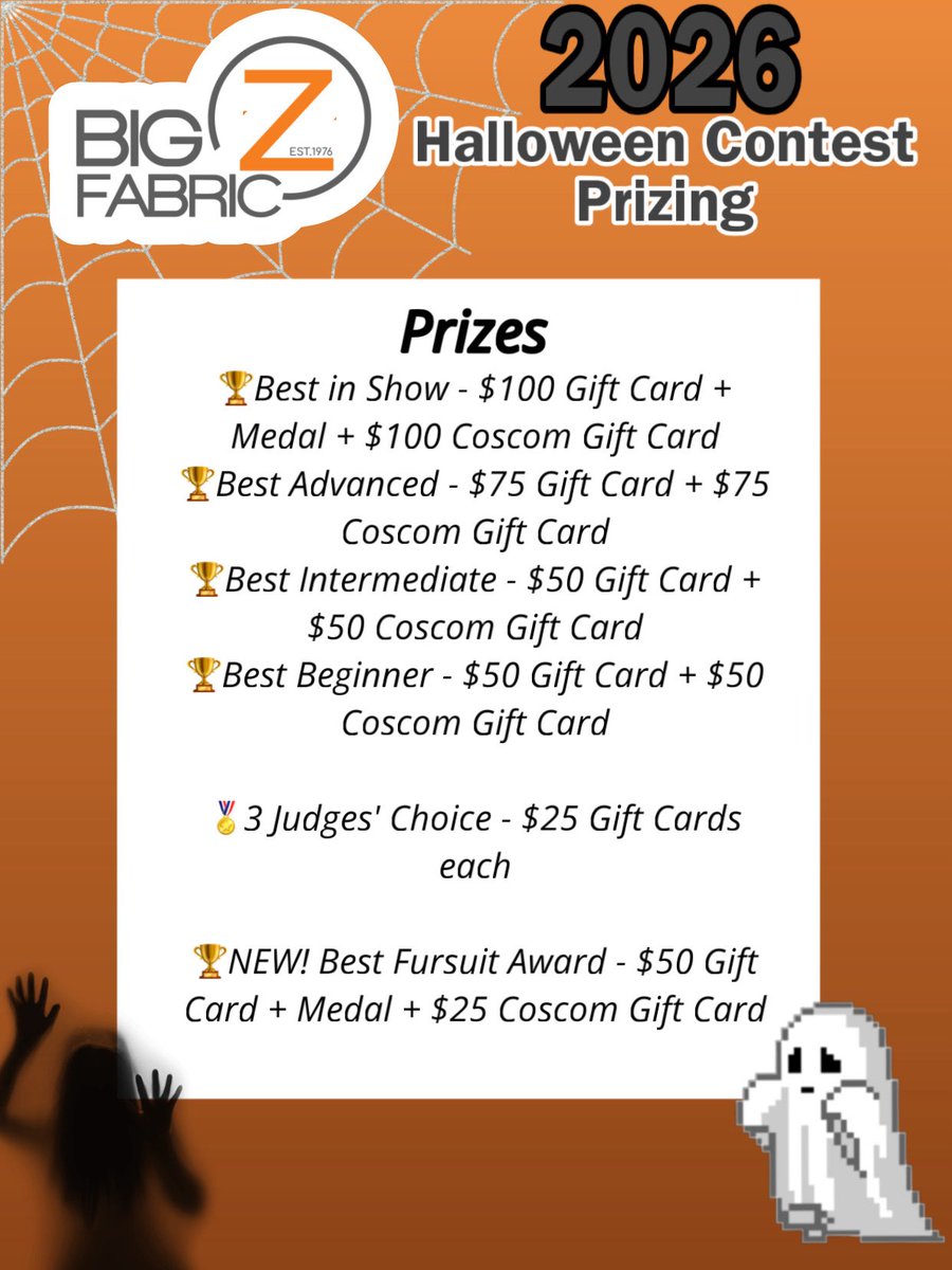 BigZFabric's tweet photo. PRIZING UPDATES!!🪎

3 DAYS LEFT to enter our Halloween Cosplay Contest!🎃 Get your applications in by October 2nd at 6 PM EST for a chance to be featured!🦇

Prizes🏆
Best in Show - $100 Big Z Fabric Gift Card + Medal + $100 Coscom Gift Card
Best Advanced - $75 Big Z Fabric Gift Card + $75 Coscom Gift Card
Best Intermediate - $50 Big Z Fabric Gift Card + $50 Coscom Gift Card
Best Beginner - $50 Big Z Fabric Gift Card + $50 Coscom Gift Card

3 Judges’ Choice - $25 Big Z Fabric Gift Cards each

NEW! Best Fursuit award - $50 Big Z Fabric Gift Card + Medal + $25 Coscom Gift Card

Thank you so much @coscom_cosplaysupplies for being a sponsor for this contest and supporting all of the amazing cosplayers! Full details can be found in the application form linked in our bio.