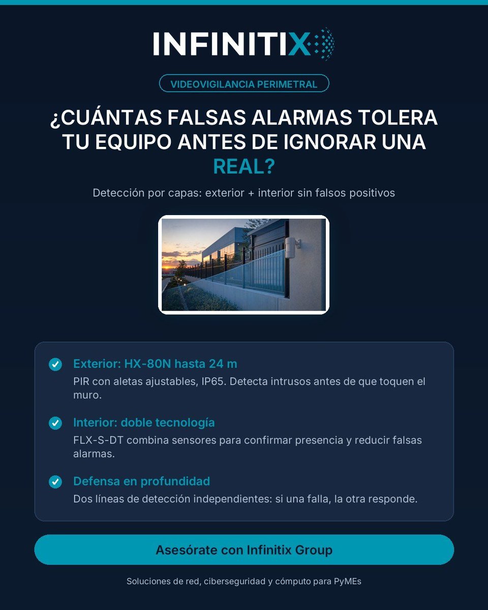 Infinitixgroup's tweet photo. ¿Cuántas falsas alarmas tolera tu equipo antes de ignorar una real?

OPTEX HX-80N (exterior, 24m, IP65) + FLX-S-DT (interior, doble tecnología) = defensa en capas sin fatiga de alerta.

Escríbenos y eliminamos los puntos ciegos. #SeguridadPerimetral https://t.co/2z5tKWvZFB