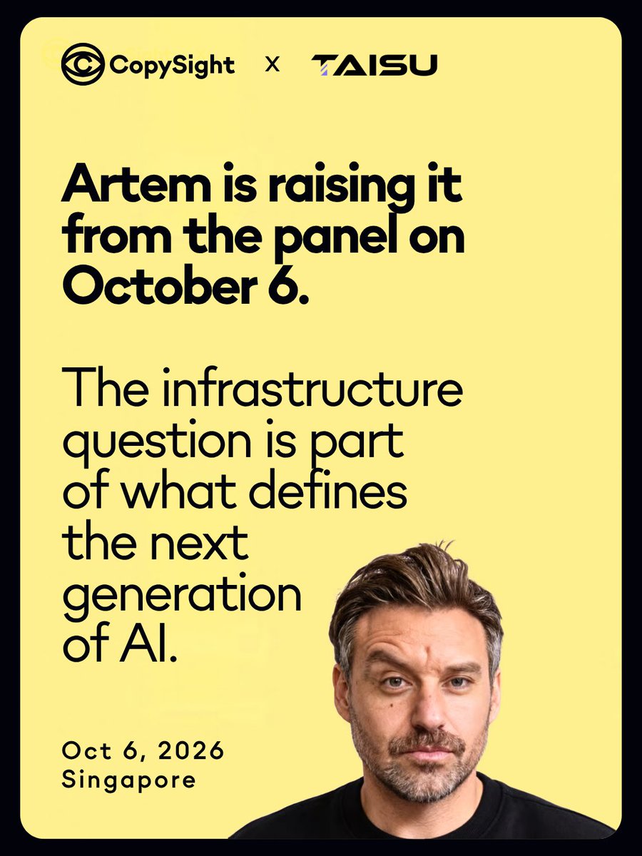 CopySightAI's tweet photo. Reuniting with our friends at @Taisu_Ventures   in Singapore soon. They led our seed round. This time we're on their stage instead.

Oct 6, AI Founders & Investors Forum. Panel's about what defines the next gen of AI. Agents, infra, AI x blockchain.

The part we're bringing: what happens when someone has to prove what a system actually produced. Already live in deals right now, most teams just haven't built for it.

Building at this layer? Be in the room. Oct 6, 11:30 AM – 3:00 PM, 21 Collyer Quay. Check the link https://t.co/Q7hKZxpFxi