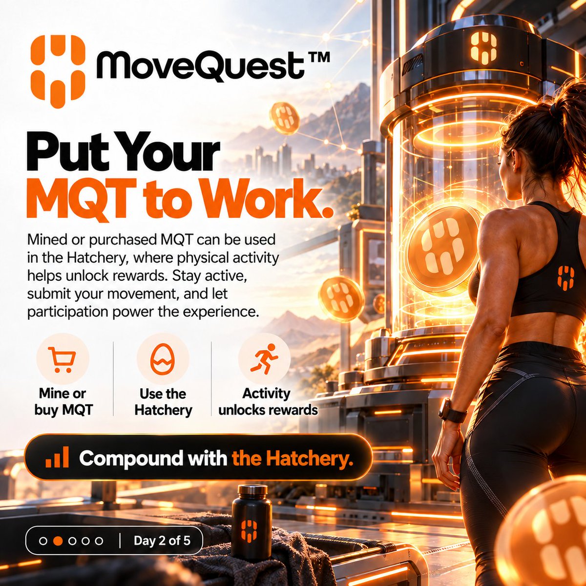 MoveQuestMQT's tweet photo. Day 2 — Put Your MQT to Work.

🥚 Compounding can be automated. Participation can’t.

Whether you mine MQT or purchase it, the Hatchery gives you a way to explore the ecosystem beyond simply holding tokens, subject to its entry requirements.

In the Golden Hatchery, eligible daily farming rewards are automatically added to your balance, increasing the amount used to calculate subsequent farming rewards. That’s the compounding mechanism—but it comes with an important condition.

You still have to move and submit your daily activity.

No qualifying activity submission means no farming reward for that day. The system connects token participation with continued physical participation, rather than rewarding an inactive wallet just for sitting there. 

For the crypto community, that’s the angle worth exploring: a compounding mechanism where showing up remains part of the equation.

Before entering, understand the Hatchery’s cycle length, entry requirements, available capacity, and early-exit rules. Compounding your token balance is not a guarantee that its market value will increase.

Put your MQT into the ecosystem. Put your movement into the process.

Curious about the Hatchery? Drop your questions below, and let’s make the mechanics easier to understand.

#MoveQuest #MQT #Hatchery