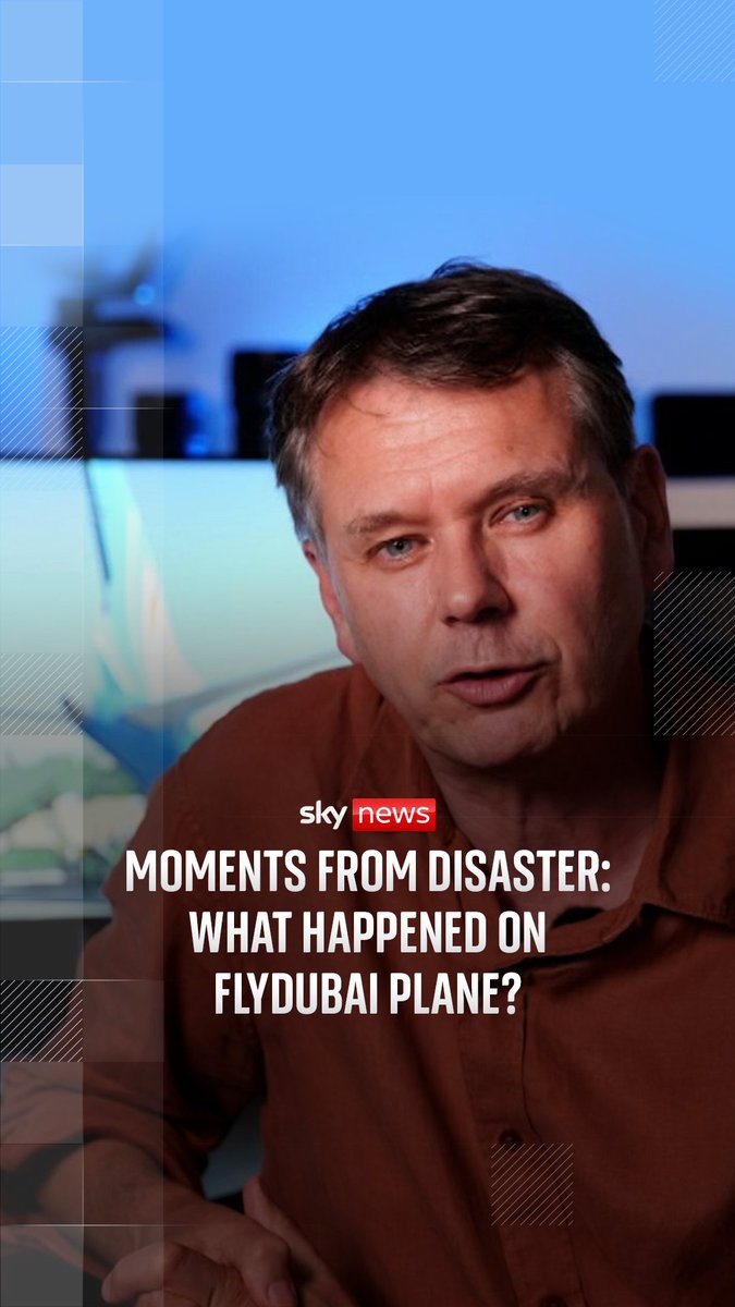 A Sky News interview still featuring a man in a brown shirt with on-screen text reading 'sky news MOMENTS FROM DISASTER: WHAT HAPPENED ON FLYDUBAI PLANE?'.