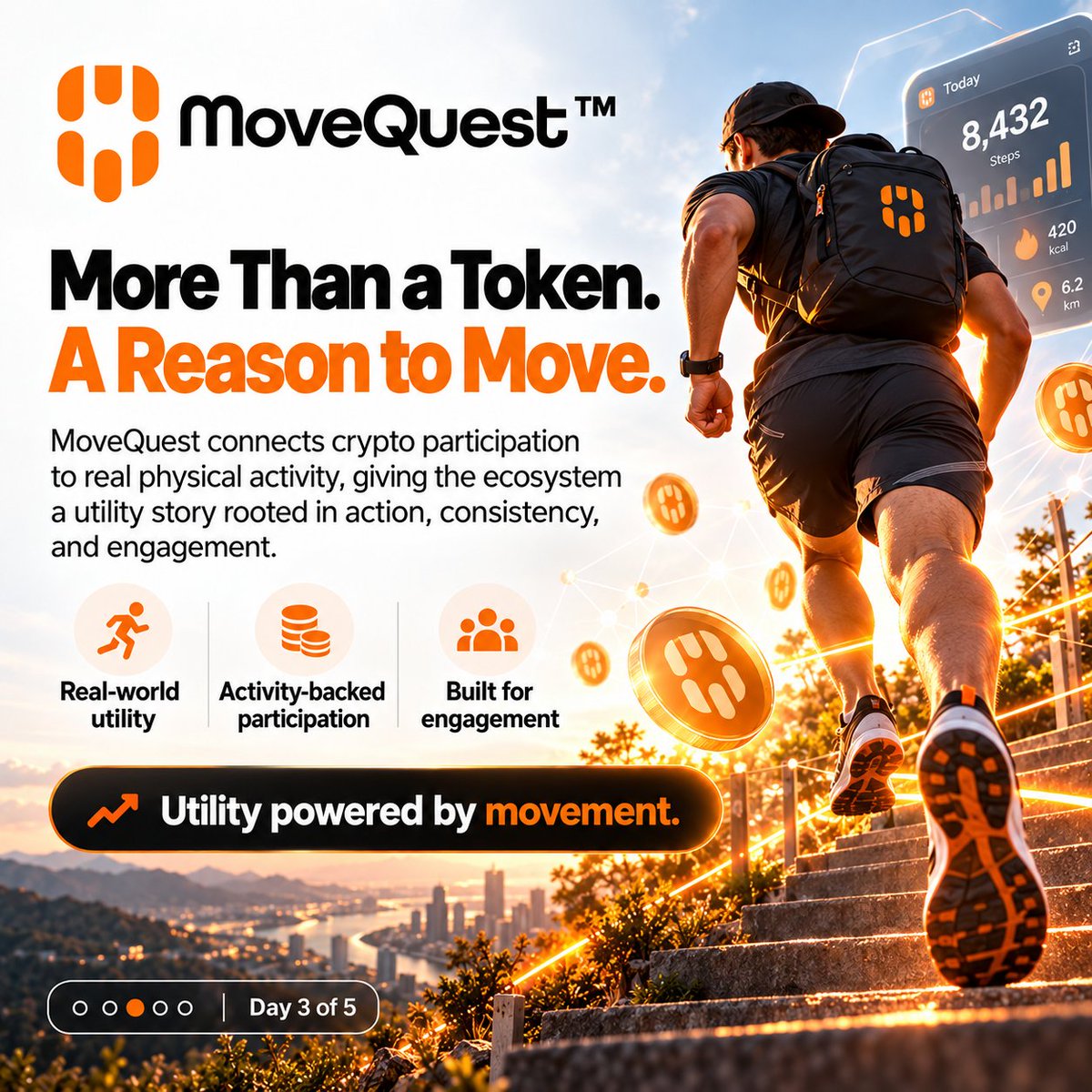 MoveQuestMQT's tweet photo. Day 3 — More Than a Token. A Reason to Move.

🟠 A price chart tells you what a token trades for. It doesn’t tell you why someone would use the ecosystem tomorrow.

That’s the question to bring to MoveQuest.

MoveQuest connects physical activity with mining, Hatchery farming cycles, and progression through its miner and dock systems. These are connected ways to participate—not just a token sitting in a wallet. 

The idea is straightforward: give people reasons to return, understand the mechanics, and keep participating through real-world activity.

For anyone exploring crypto utility, that creates a different conversation.

Instead of stopping at “What’s the price?” ask:

“What can I do here—and what does participation actually require?”

That’s where the MoveQuest story becomes interesting. Movement isn’t just the theme of the branding. It’s part of how the ecosystem works.

Utility does not guarantee a rising token price. But it gives you something concrete to evaluate beyond a prediction or a headline.

Look beyond the ticker. Explore the experience behind it.

When you research a crypto project, what do you examine first: token utility, reward mechanics, or community participation?

#MoveQuest #MQT #CryptoUtility