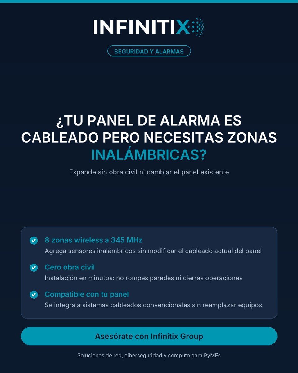 Infinitixgroup's tweet photo. Expandir un sistema de alarma cableado no tiene que implicar obra civil. El SFWST802 convierte 8 zonas en inalámbricas a 345 MHz: instalas sensores wireless sin romper paredes ni cambiar el panel. Creces cuando el negocio lo pide. #SeguridadPYME https://t.co/hQnGb9bI7A