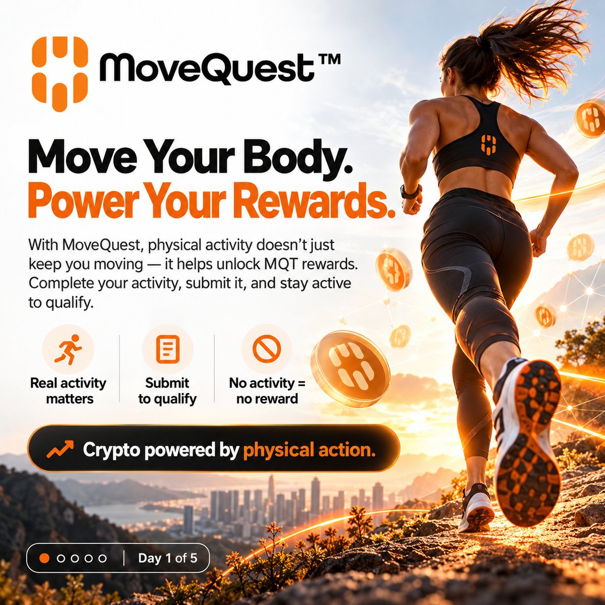 MoveQuestMQT's tweet photo. Day 1 — Move Your Body. Power Your Rewards.

🟠 Your wallet can hold MQT. But it can’t do the moving for you.

That’s where MoveQuest takes crypto participation beyond the screen.

Your physical activity is part of how you participate in the ecosystem—not something separate from it. Complete qualifying activity, submit your daily Proof of Physical Activity, and meet the applicable requirements to qualify for mining and farming rewards.

Here’s the important distinction: simply holding MQT does not qualify you for daily Hatchery rewards. Your activity and your submission matter. No qualifying activity or no submission means no farming reward for that day. 

That gives participation a different meaning.
You’re not just following a project. You’re showing up, using the ecosystem, and making movement part of your crypto routine.

Your morning walk. Your run. Your workout. Another reason to get moving—and another reason to understand what MoveQuest is building.

The tokens are digital. The participation is real.

What gets you moving: walking, running, training, or something else? Tell us below. 👇

#MoveQuest #MQT #MoveToMine