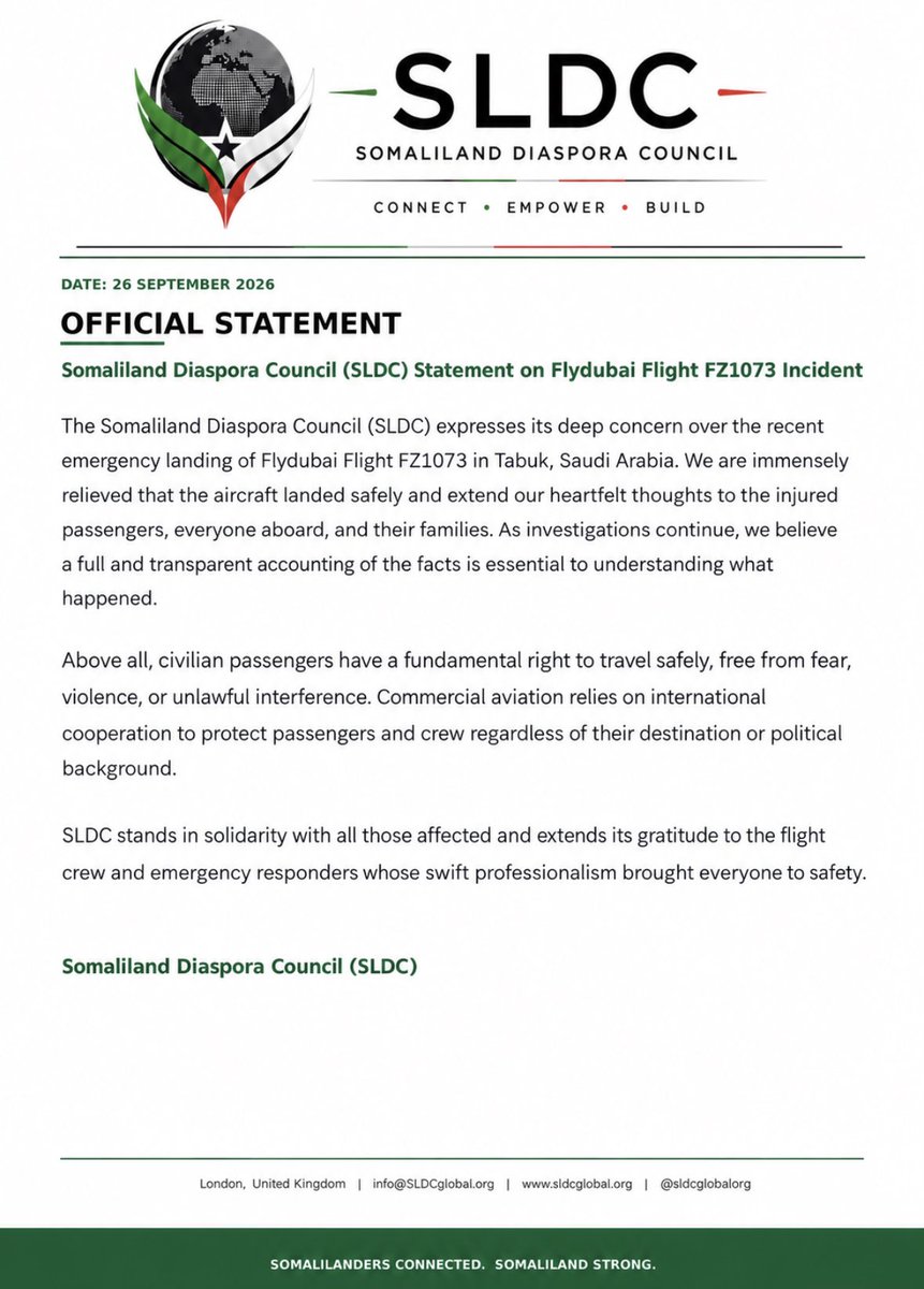 sldcglobalorg's tweet photo. OFFICIAL STATEMENT ON FLYDUBAI FLIGHT FZ1073 INCIDENT. https://t.co/zxvpqbGwPp