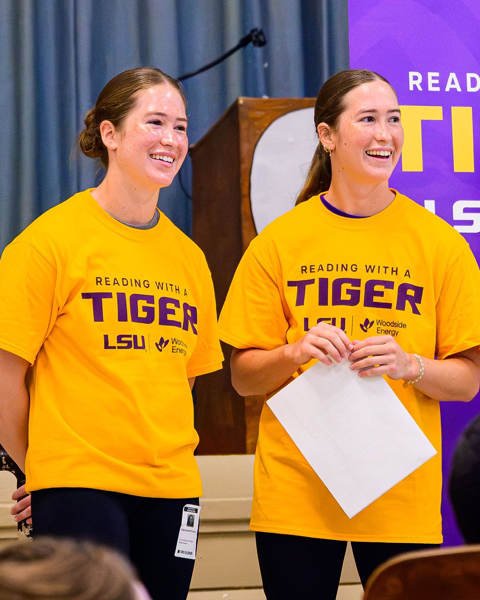 LSUsoftball's tweet photo. Some light reading to start off the day 📚🤓

Mackenzie &amp; Madison along with Woodside Energy, spent the morning reading some fan favorites &amp; passing out books in our local Baton Rouge community! 💜 https://t.co/SXXRad1tPY