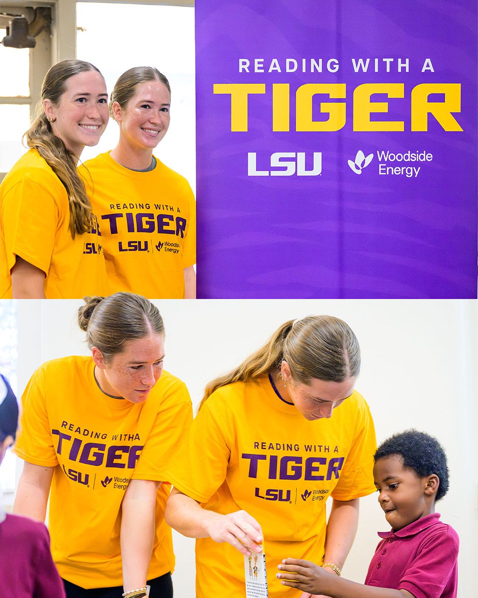 LSUsoftball's tweet photo. Some light reading to start off the day 📚🤓

Mackenzie &amp; Madison along with Woodside Energy, spent the morning reading some fan favorites &amp; passing out books in our local Baton Rouge community! 💜 https://t.co/SXXRad1tPY