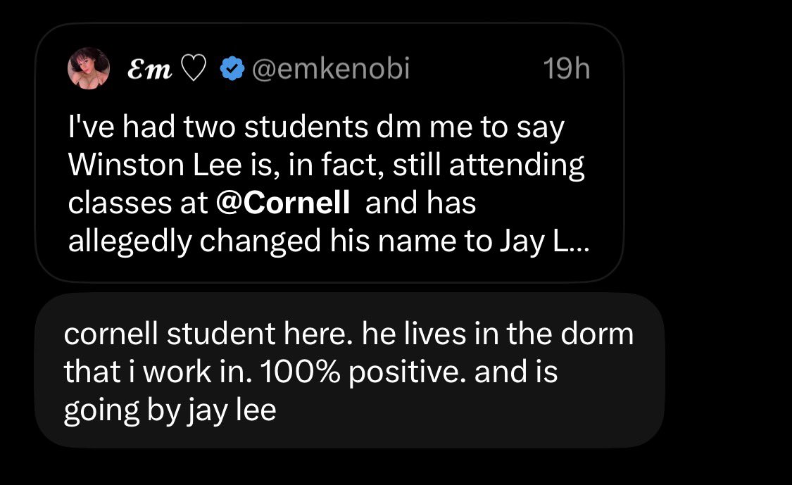 emkenobi's tweet photo. UPDATE: Another student has reached out to tell me Winston Lee who is now going by Jay Lee is living in one of the dorms on campus and also has a roommate. He is apparently trying to change his name again to avoid being found. Gillio Lopes is also living in an apartment in college town and is still attending classes as a junior! 

Students need to be aware of this and @Cornell should be transparent and telling them these rapists are still on campus!