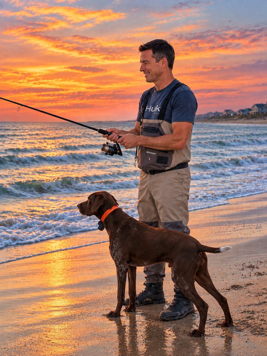 TrendAndTurtle's tweet photo. All work and no play… Been putting a lot of time into Trend &amp; Turtle lately. But this is one of the reasons I moved to the Outer Banks. A fishing rod, Bear and a little time on the beach. https://t.co/khfnikZDs8