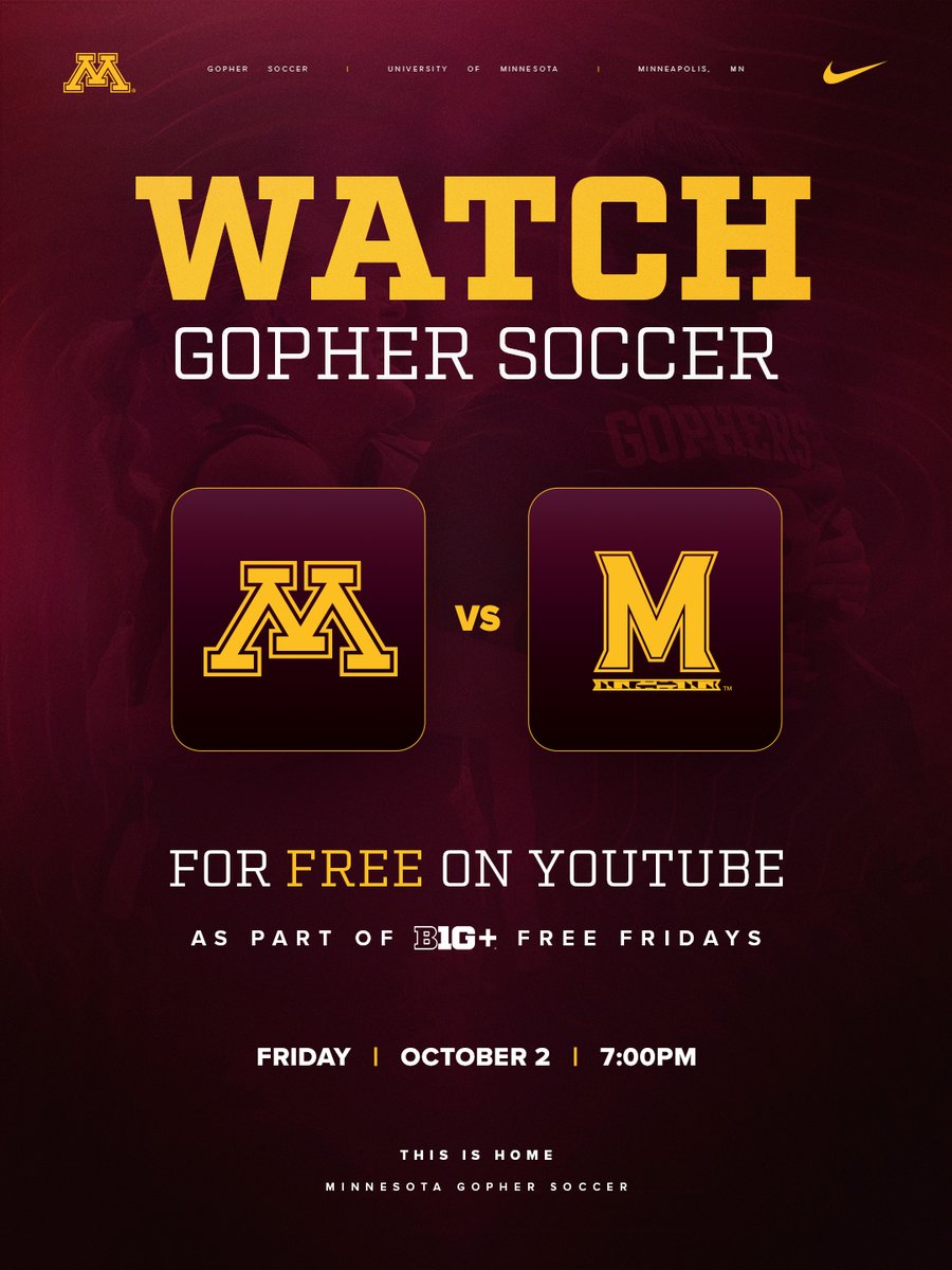 GopherSoccer's tweet photo. This week's game is a part of @BigTenPlus Free Friday!

Fans can stream our game on @BigTenNetwork's YouTube Channel linked below⤵️

💻: https://t.co/ZAPt5sPA3j

#ThisIsHome | #Gophers〽️ https://t.co/ndg3mNZSAP