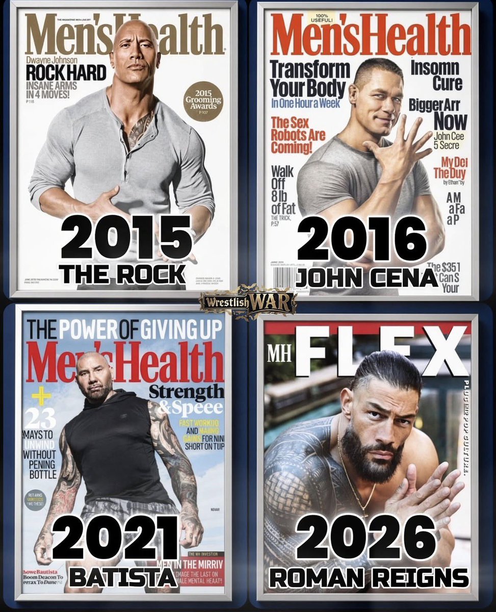 5zOmar's tweet photo. اربع مصارعين بس من WWE تصدروا بوستر مجلة Men’s Health

وهم ذا روك ب2015 وجون سينا 2016 وباتيستا 2021 ورومان رينز 2026 https://t.co/ixTj6sRSdL